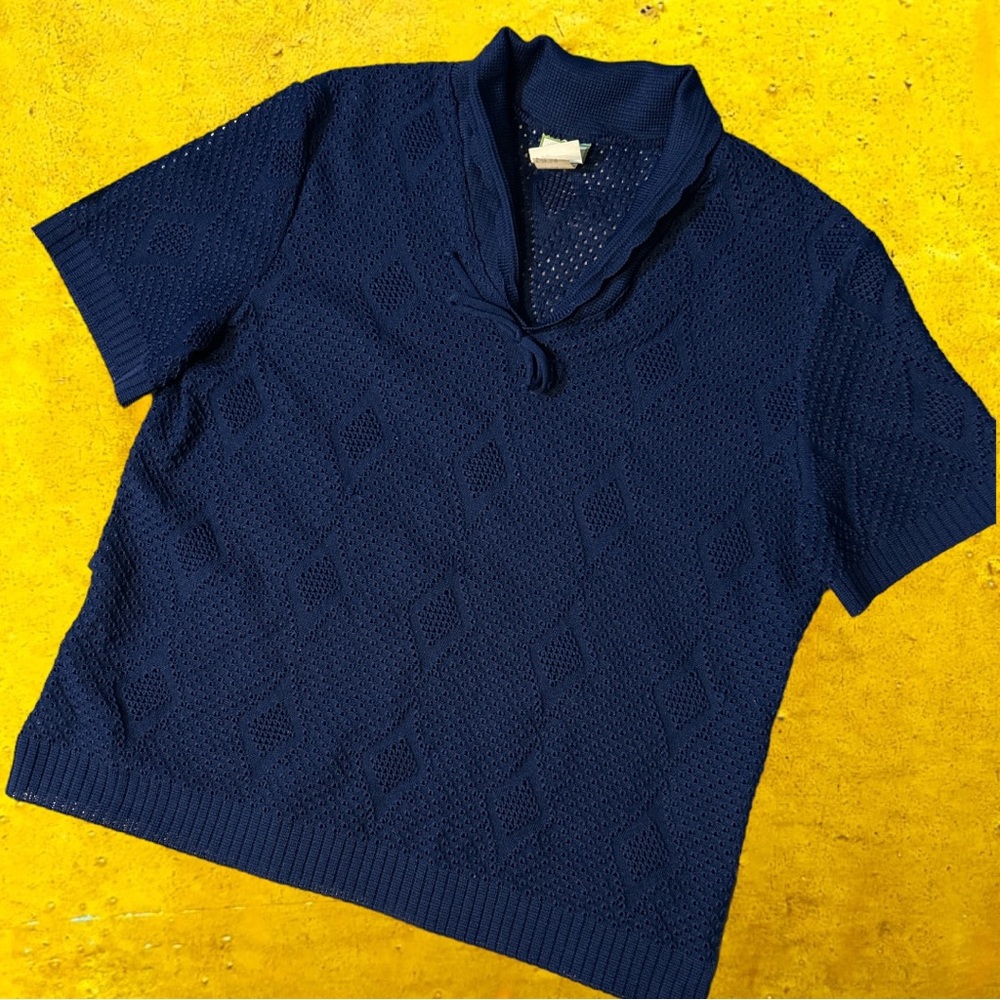 Vintage Three Rs open sheer knit short sleeve polyester blouse